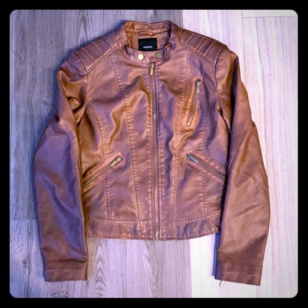 ✅ FOREVER 21 Fully Lined Moto Motorcycle Varsity Utility Biker Jacket Tan Brown